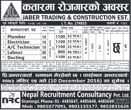 Plumber, Electrician, Labour & others