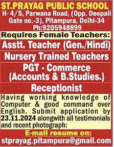 Teaching and Administrative Opportunities at St. Prayag Public School, Pitampura