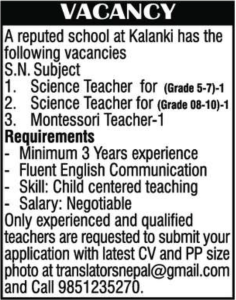Teaching Opportunities at a Reputed School in Kalanki